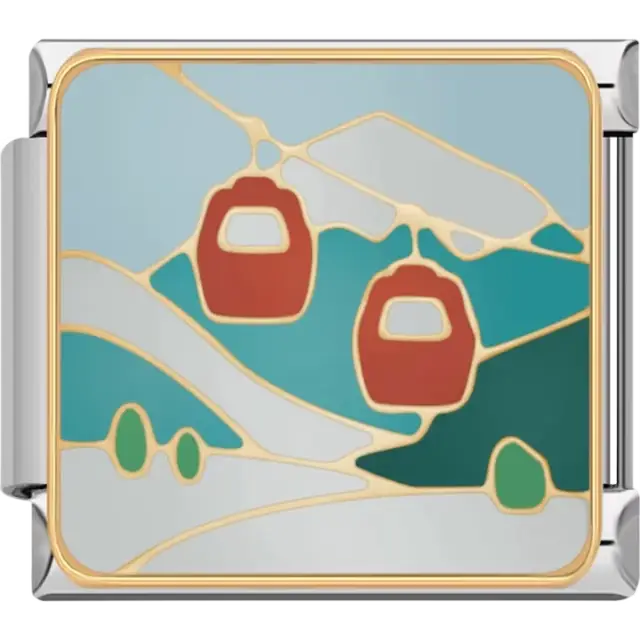 Red cable cars over green hills with a light blue sky Italian charm bracelet link