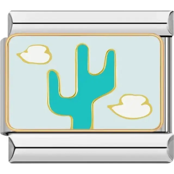 Gold and green cactus with white clouds on a blue background Italian charm bracelet link