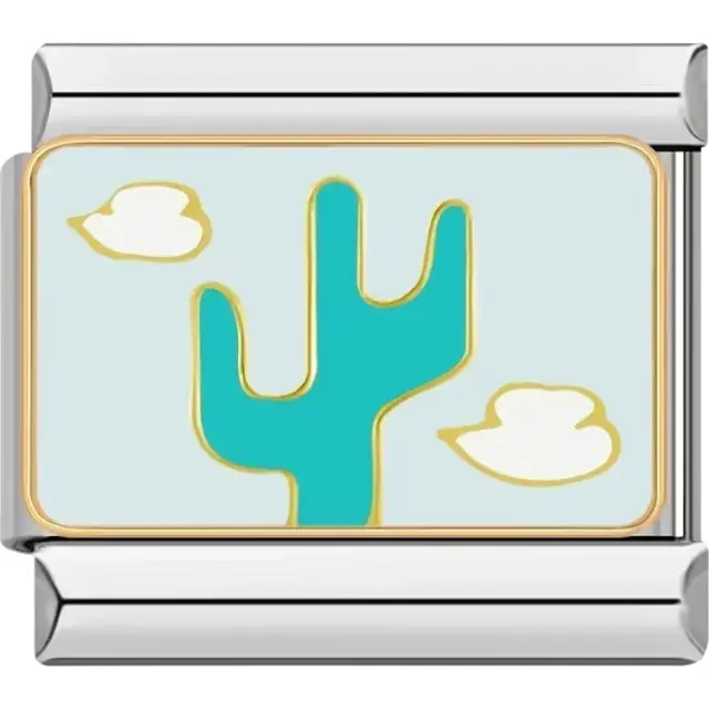 Gold and green cactus with white clouds on a blue background Italian charm bracelet link
