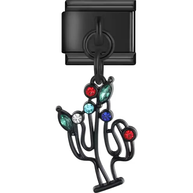 Black cactus dangle with colorful crystal stones Italian charm bracelet link