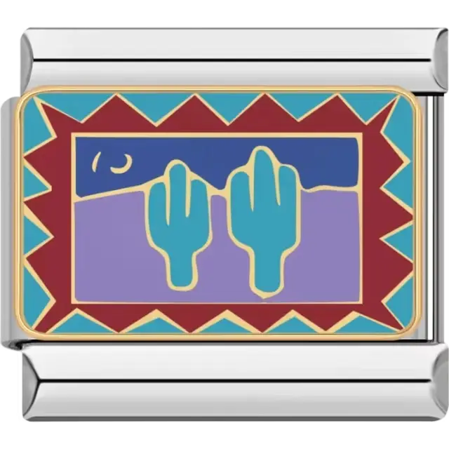 Cactus with crescent moon and geometric border Italian charm bracelet link