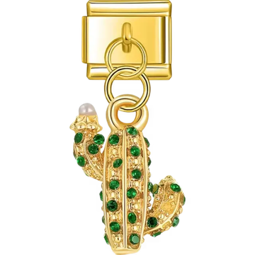 Dangle featuring a cactus design with green crystals and a pearl accent Italian charm bracelet link