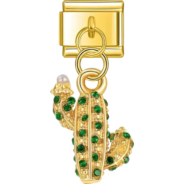 Dangle featuring a cactus design with green crystals and a pearl accent Italian charm bracelet link