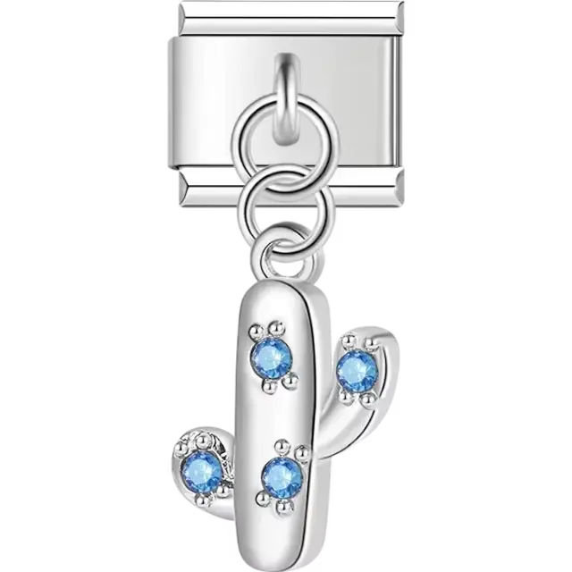 Cactus pendant with blue crystal details Italian charm bracelet link