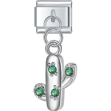 Silver cactus pendant with green crystal details Italian charm bracelet link