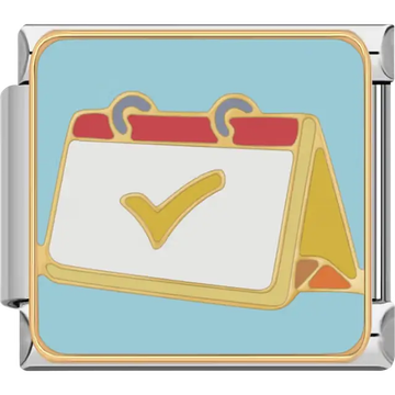 Desktop calendar with yellow checkmark red and orange accents on light blue background Italian charm bracelet link
