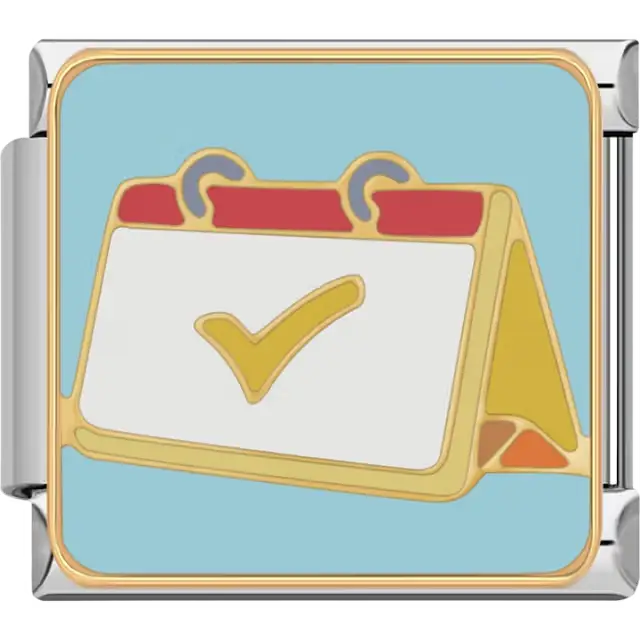 Desktop calendar with yellow checkmark red and orange accents on light blue background Italian charm bracelet link