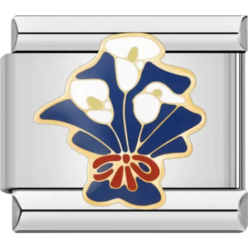 White calla lilies with gold outlines blue leaves and red ribbon on silver background Italian charm bracelet link