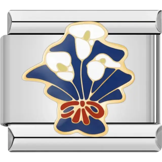 White calla lilies with gold outlines blue leaves and red ribbon on silver background Italian charm bracelet link