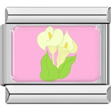 White calla lilies with green leaves on pink background Italian charm bracelet link