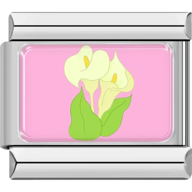 White calla lilies with green leaves on pink background Italian charm bracelet link
