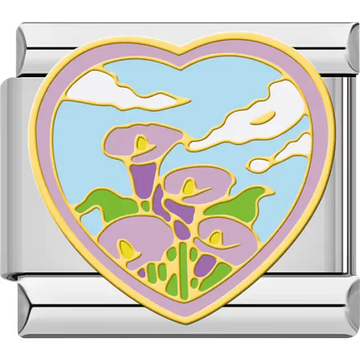 Purple and pink calla lily flowers with green leaves on blue sky heart shape Italian charm bracelet link