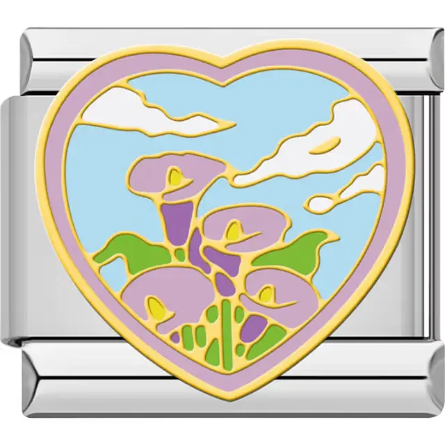 Purple and pink calla lily flowers with green leaves on blue sky heart shape Italian charm bracelet link
