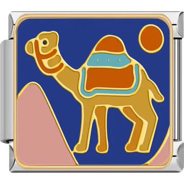Gold camel with orange, blue, and turquoise saddle standing beside pink pyramids under an orange sun on a deep blue background inspired by ancient Egypt and mythology Italian charm bracelet link