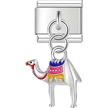 Silver camel with red purple and orange saddle details Italian charm bracelet link