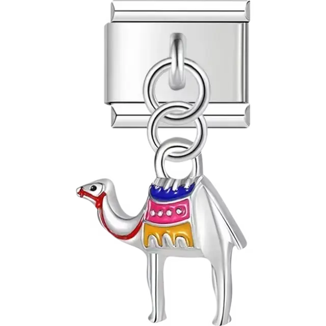 Silver camel with red purple and orange saddle details Italian charm bracelet link