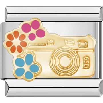 Gold camera design with colorful flower accents on a silver background Italian charm bracelet link