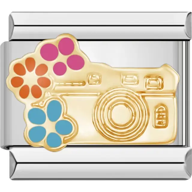 Gold camera design with colorful flower accents on a silver background Italian charm bracelet link