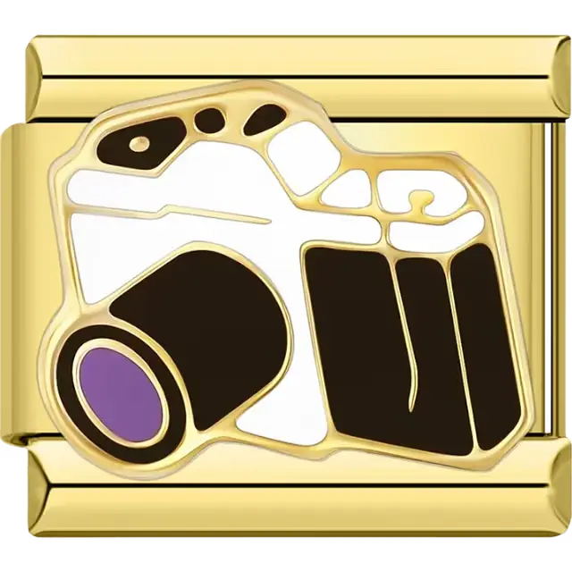 Black and gold camera with purple lens detail Italian charm bracelet link