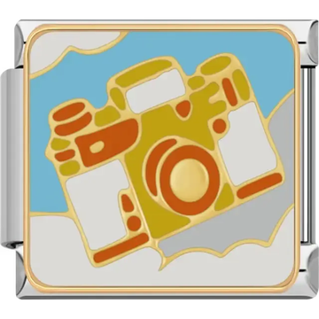 Gold brown and white camera on a light blue background with white clouds Italian charm bracelet link