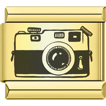 Black vintage camera illustration on a gold link Italian charm bracelet link