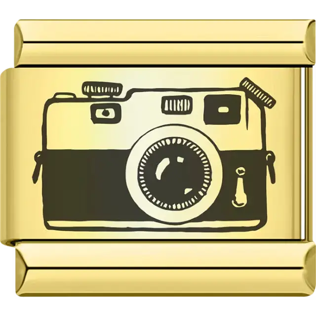 Black vintage camera illustration on a gold link Italian charm bracelet link