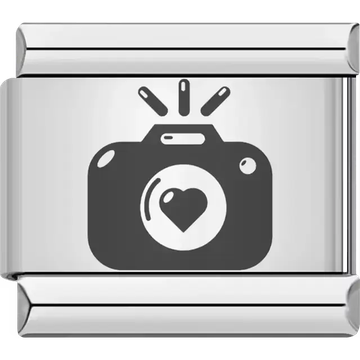 Black camera with heart detail Italian charm bracelet link