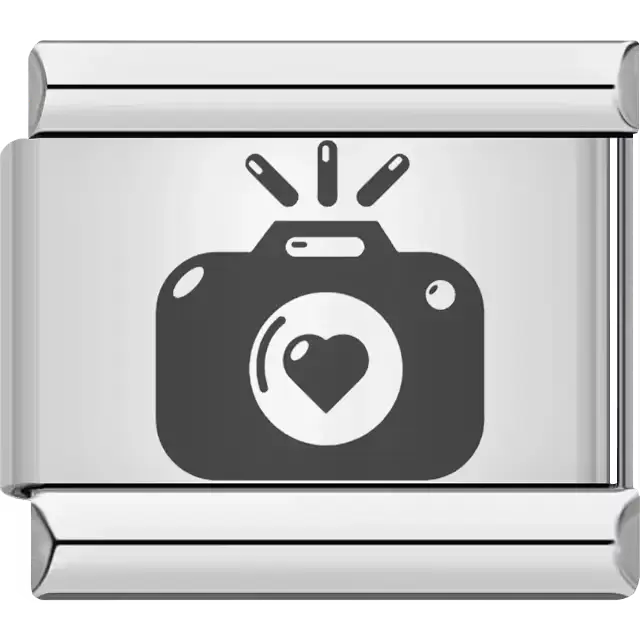 Black camera with heart detail Italian charm bracelet link