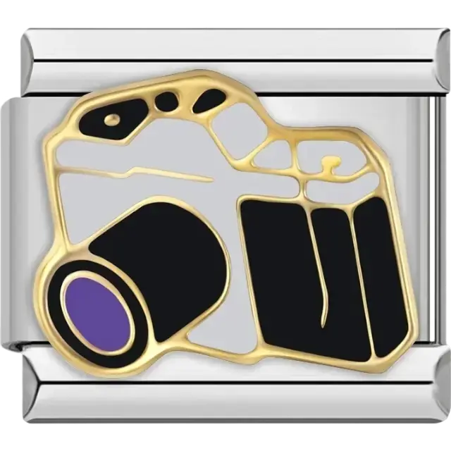 Black and gold camera with purple lens detail Italian charm bracelet link
