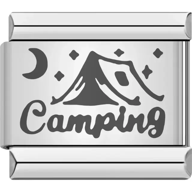 Black "Camping" text with a tent moon and stars design Italian charm bracelet link