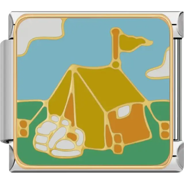 Gold and orange tent with white rocks on green grass under a light blue sky with clouds Italian charm bracelet link