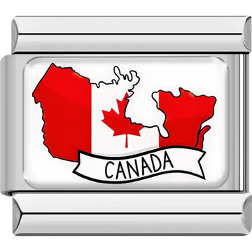 Map of Canada in red and white flag colors with red maple leaf and "CANADA" banner Italian charm bracelet link