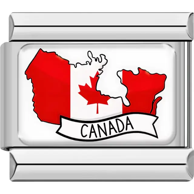 Map of Canada in red and white flag colors with red maple leaf and "CANADA" banner Italian charm bracelet link