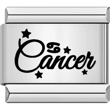 Black "Cancer" text with Cancer symbol and star accents Italian charm bracelet link