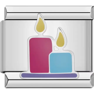 Pink and blue candles with yellow flames on a purple base Italian charm bracelet link
