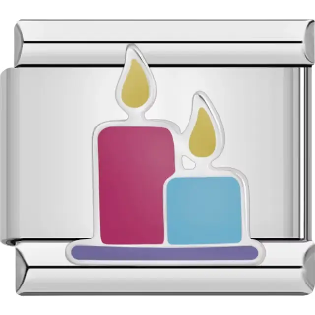 Pink and blue candles with yellow flames on a purple base Italian charm bracelet link
