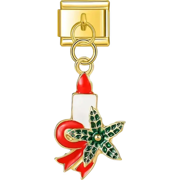 Red and white candle with green poinsettia and red bow accents in a dangle design Italian charm bracelet link