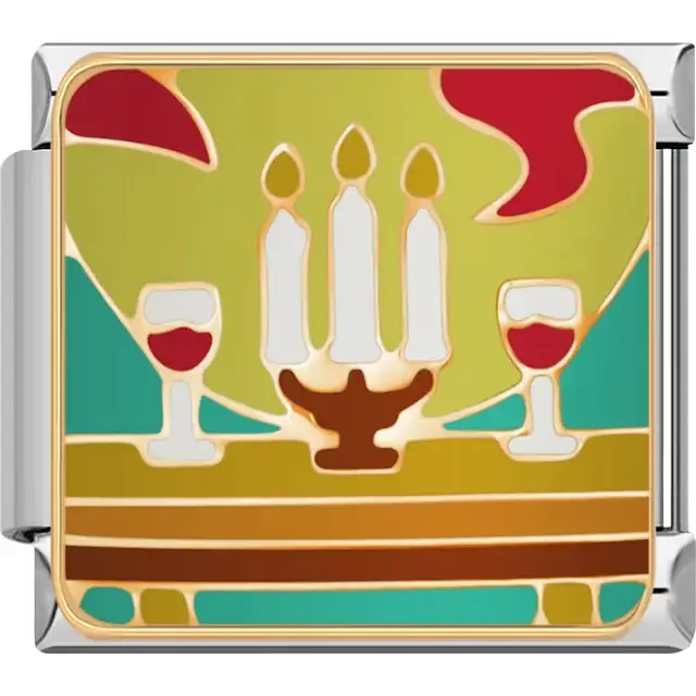 Table with white candles and red wine glasses on green and red background Italian charm bracelet link