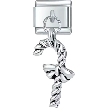 Silver candy cane with bow and striped design Italian charm bracelet link