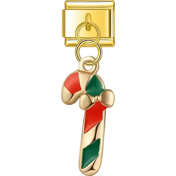 Gold candy cane with red and green accents and bow design Italian charm bracelet link