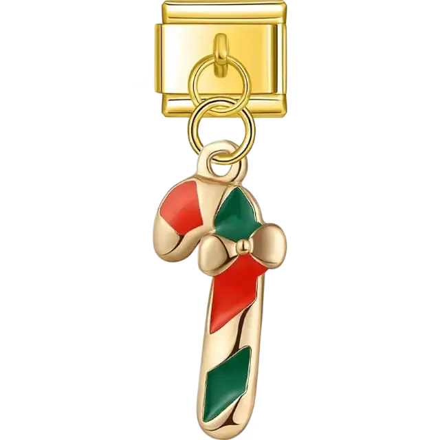 Gold candy cane with red and green accents and bow design Italian charm bracelet link