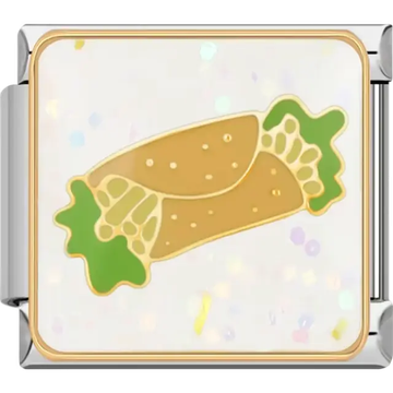 Golden cannoli design with green accents on a white background Italian charm bracelet link