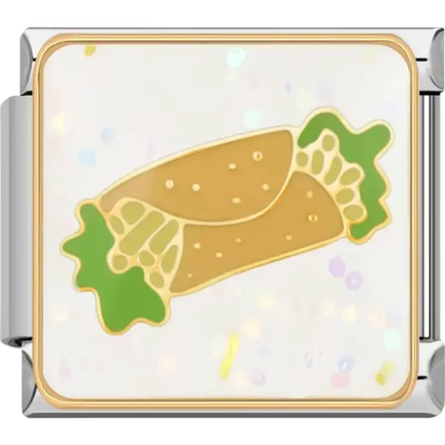 Golden cannoli design with green accents on a white background Italian charm bracelet link