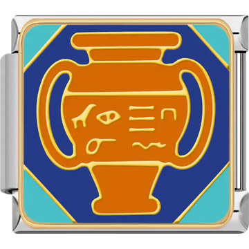 Orange canopic jar with gold-outlined ancient Egyptian hieroglyphs on a deep blue and turquoise background symbolizing the protection of sacred organs in ancient Egyptian mythology Italian charm bracelet link