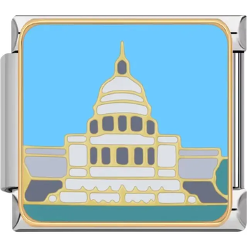 White and gray Capitol building with gold outline and blue background Italian charm bracelet link