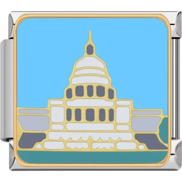 White and gray Capitol building with gold outline and blue background Italian charm bracelet link
