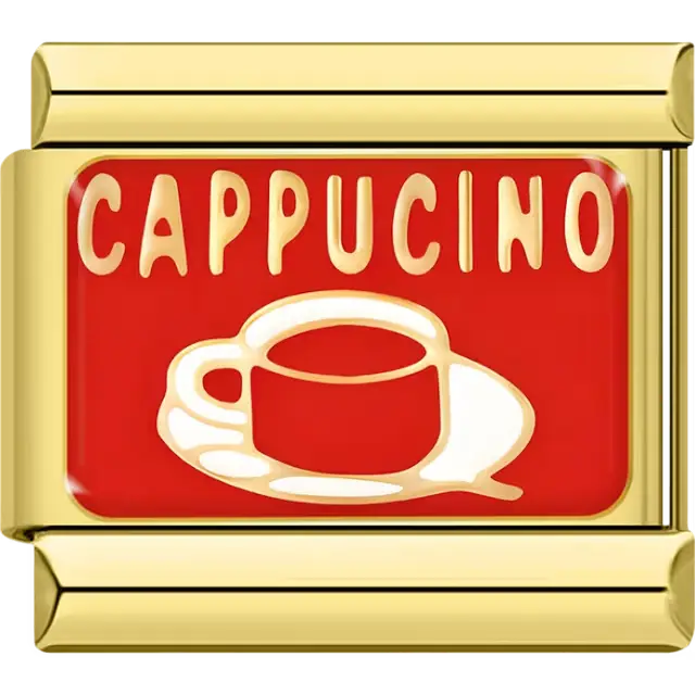 Gold "Cappuccino" text with coffee cup on red background Italian charm bracelet link