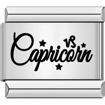 Black "Capricorn" text with Capricorn symbol and star accents Italian charm bracelet link