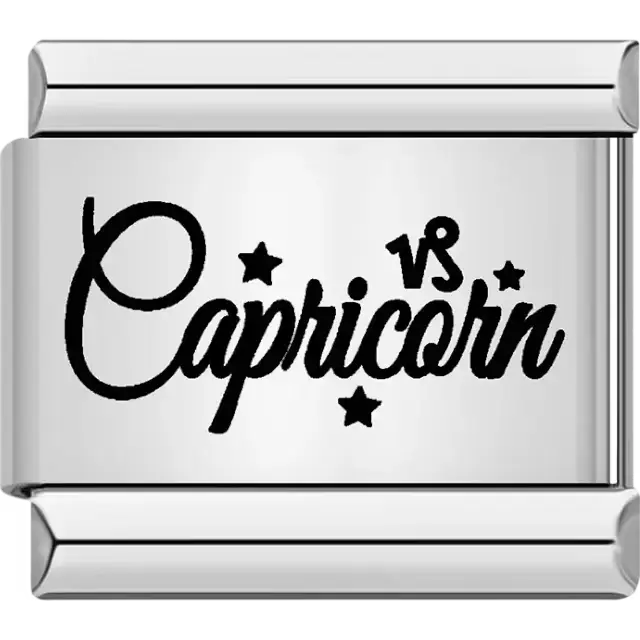 Black "Capricorn" text with Capricorn symbol and star accents Italian charm bracelet link