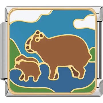 Brown capybara with baby near blue water green hills and blue sky Italian charm bracelet link